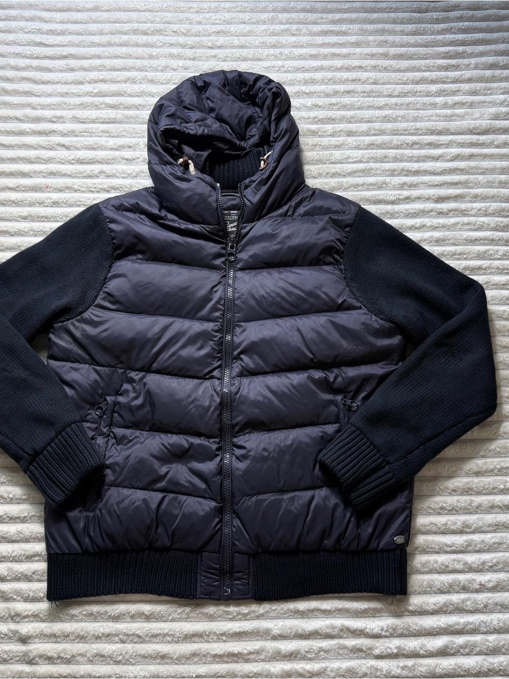 Scotch & Soda Men's Black Hooded Puffer Jacket XL Logo Zipper Drawstring